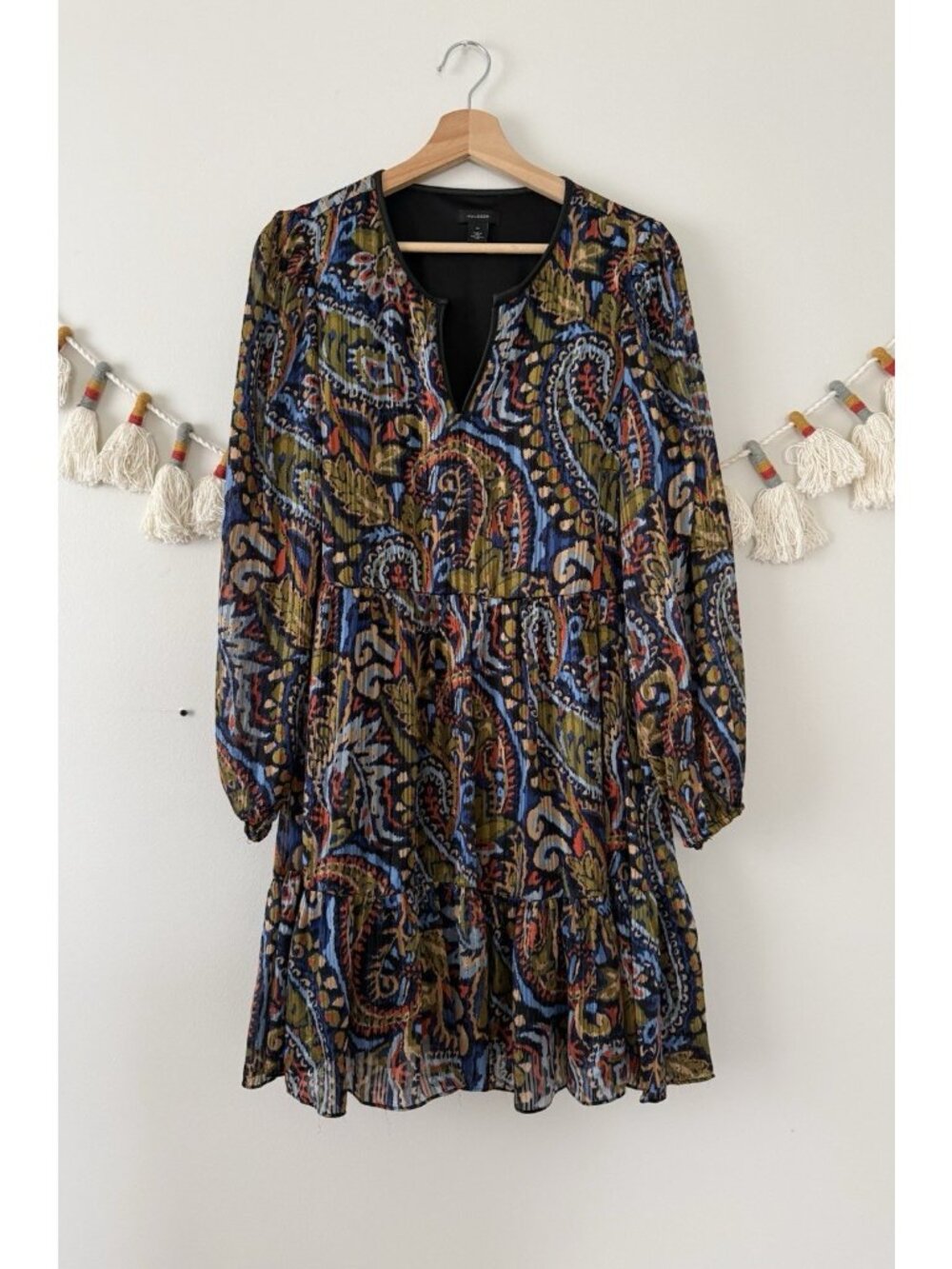 Halogen Paisley Metallic Tiered Babydoll Long Sleeve Mini Dress Boho Indie M